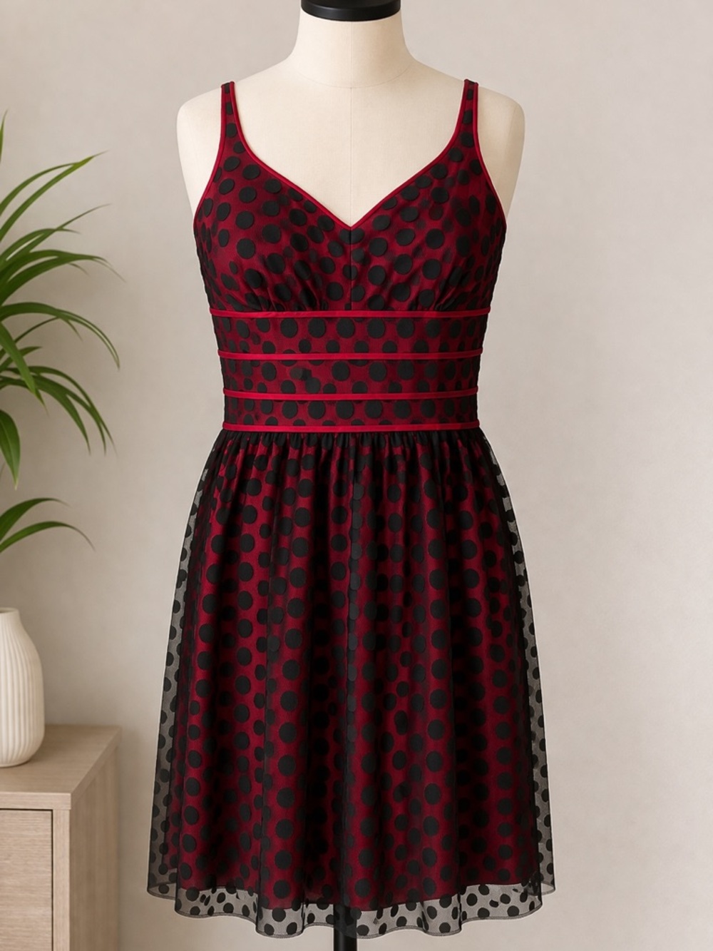 Robbie Bee Burgundy and Black Polka Dot Midi Dress